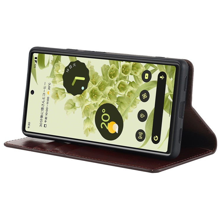 Genuine Leather Phone Case for Google Pixel 6a, Wallet Stand Crazy Horse Texture Shell - Coffee