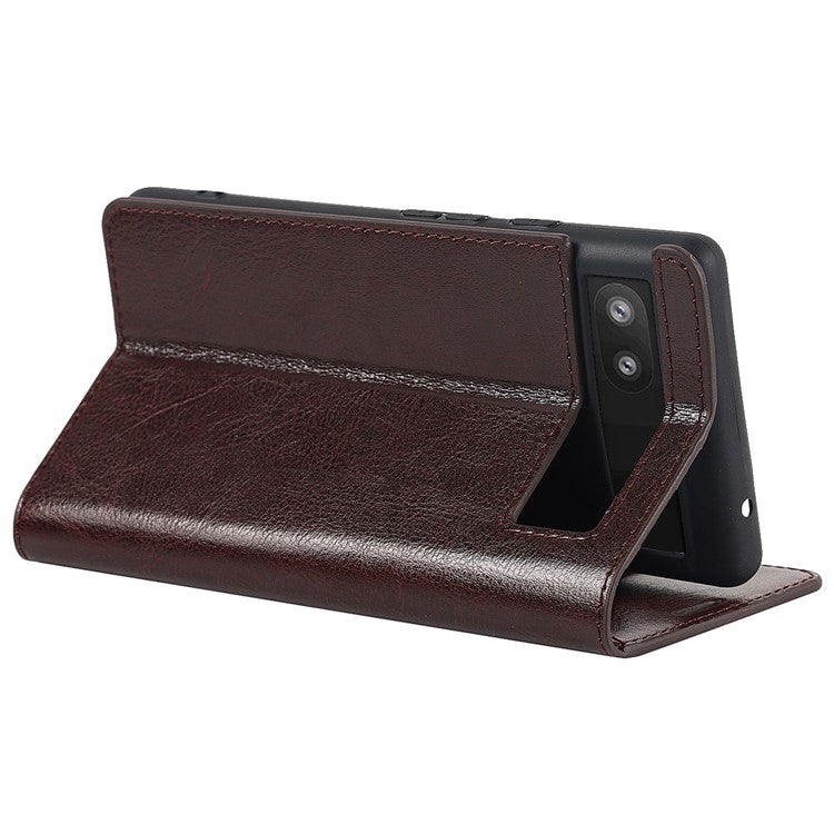 Genuine Leather Phone Case for Google Pixel 6a, Wallet Stand Crazy Horse Texture Shell - Coffee