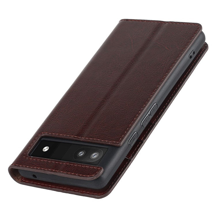 Genuine Leather Phone Case for Google Pixel 6a, Wallet Stand Crazy Horse Texture Shell - Coffee
