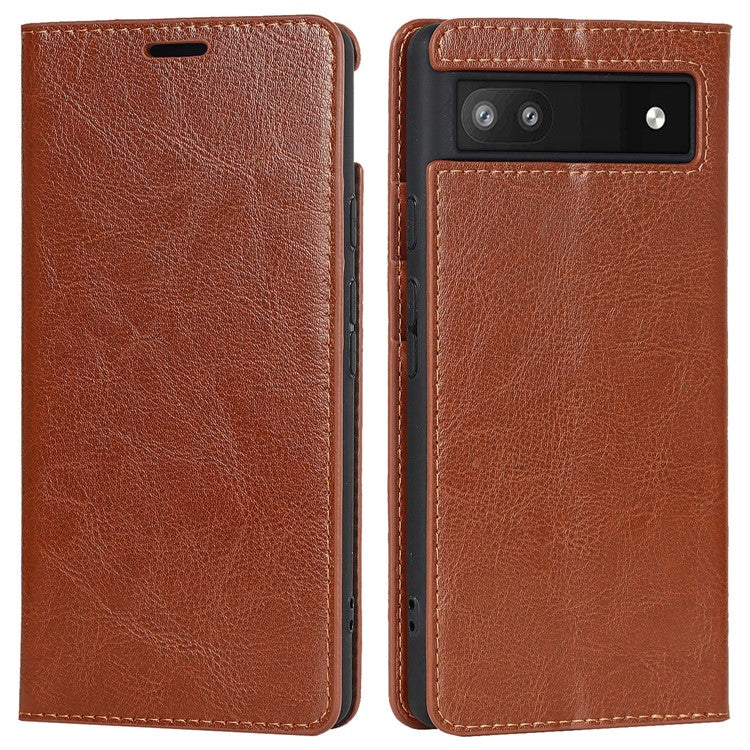 Genuine Leather Phone Case for Google Pixel 6a, Wallet Stand Crazy Horse Texture Shell - Brown