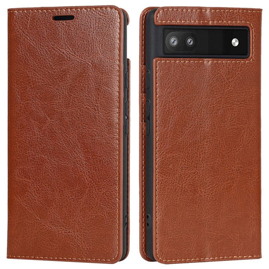Genuine Leather Phone Case for Google Pixel 6a, Wallet Stand Crazy Horse Texture Shell - Brown