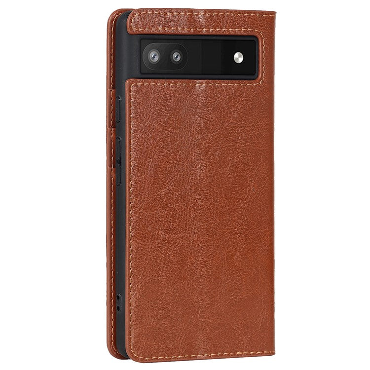 Genuine Leather Phone Case for Google Pixel 6a, Wallet Stand Crazy Horse Texture Shell - Brown