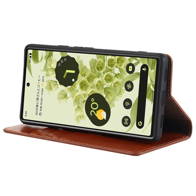 Genuine Leather Phone Case for Google Pixel 6a, Wallet Stand Crazy Horse Texture Shell - Brown