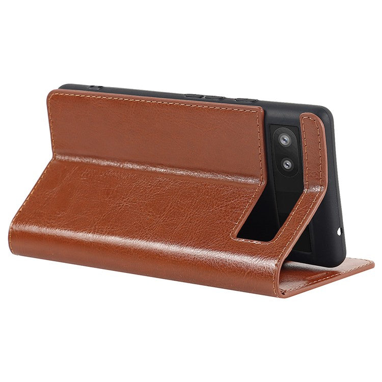 Genuine Leather Phone Case for Google Pixel 6a, Wallet Stand Crazy Horse Texture Shell - Brown