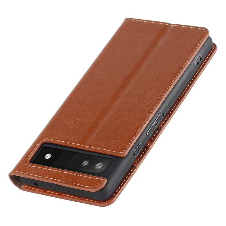 Genuine Leather Phone Case for Google Pixel 6a, Wallet Stand Crazy Horse Texture Shell - Brown