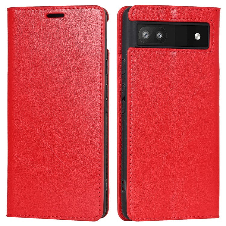Genuine Leather Phone Case for Google Pixel 6a, Wallet Stand Crazy Horse Texture Shell - Red