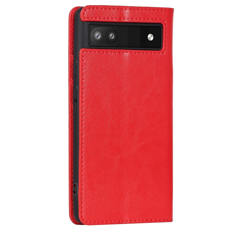 Genuine Leather Phone Case for Google Pixel 6a, Wallet Stand Crazy Horse Texture Shell - Red