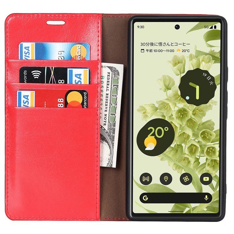 Genuine Leather Phone Case for Google Pixel 6a, Wallet Stand Crazy Horse Texture Shell - Red