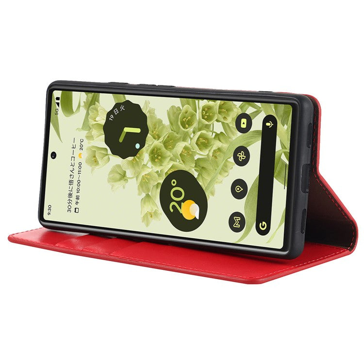 Genuine Leather Phone Case for Google Pixel 6a, Wallet Stand Crazy Horse Texture Shell - Red