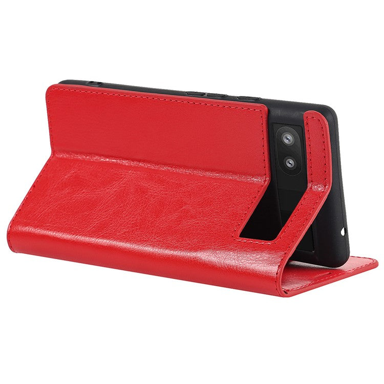 Genuine Leather Phone Case for Google Pixel 6a, Wallet Stand Crazy Horse Texture Shell - Red