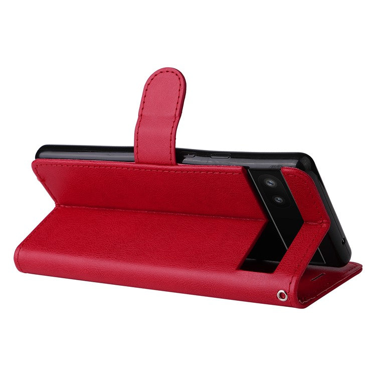 KT Leather Series-2 Stand Wallet Phone Case for Google Pixel 6a 5G, PU Leather + TPU All-round Protection Cover with Wrist Strap - Red