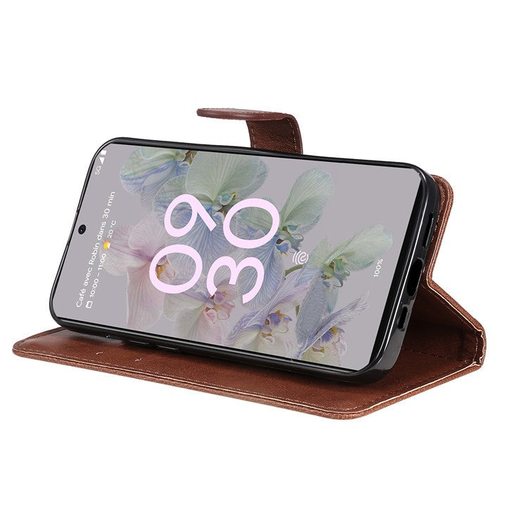 KT Leather Series-2 Stand Wallet Phone Case for Google Pixel 6a 5G, PU Leather + TPU All-round Protection Cover with Wrist Strap - Brown