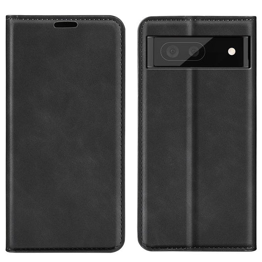 Stand Skin-touch Feeling Leather Cover for Google Pixel 7 5G, Scratch-resistant Magnetic Auto Closing Wallet Cell Phone Case - Black