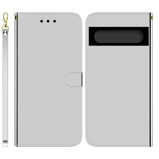 For Google Pixel 7 5G Mirror-like Case Stand Feature Soft PU Leather Wallet Flip Cover with Wrist Strap - Silver
