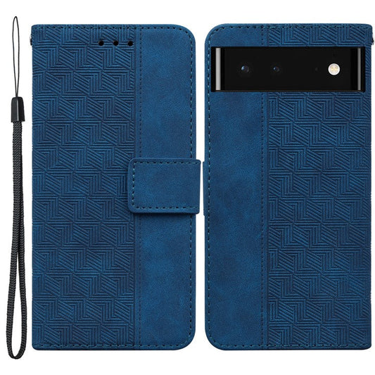 For Google Pixel 6 Imprinted Geometry Pattern Folding Stand PU Leather Case Magnetic Wallet Design Folio Inner TPU Protective Flip Cover with Strap - Blue