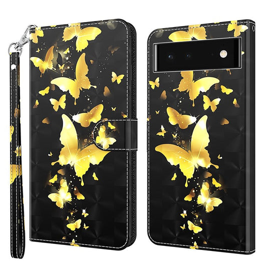 For Google Pixel 7 PU Leather 3D Creative Pattern Printing Phone Cover Wallet Stand Shockproof TPU Full Body Protective Case with Wrist Strap - Golden Butterflies