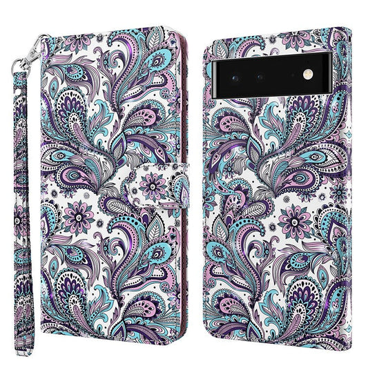 For Google Pixel 7 PU Leather 3D Creative Pattern Printing Phone Cover Wallet Stand Shockproof TPU Full Body Protective Case with Wrist Strap - Purple Impatiens
