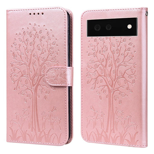For Google Pixel 7 Anti-scratch Phone Case Imprinted Deer Tree Pattern Wallet PU Leather Magnetic Closure Stand Protective Cover - Pink