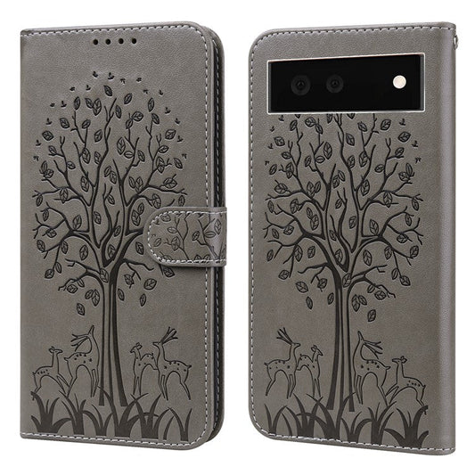 For Google Pixel 7 Anti-scratch Phone Case Imprinted Deer Tree Pattern Wallet PU Leather Magnetic Closure Stand Protective Cover - Grey