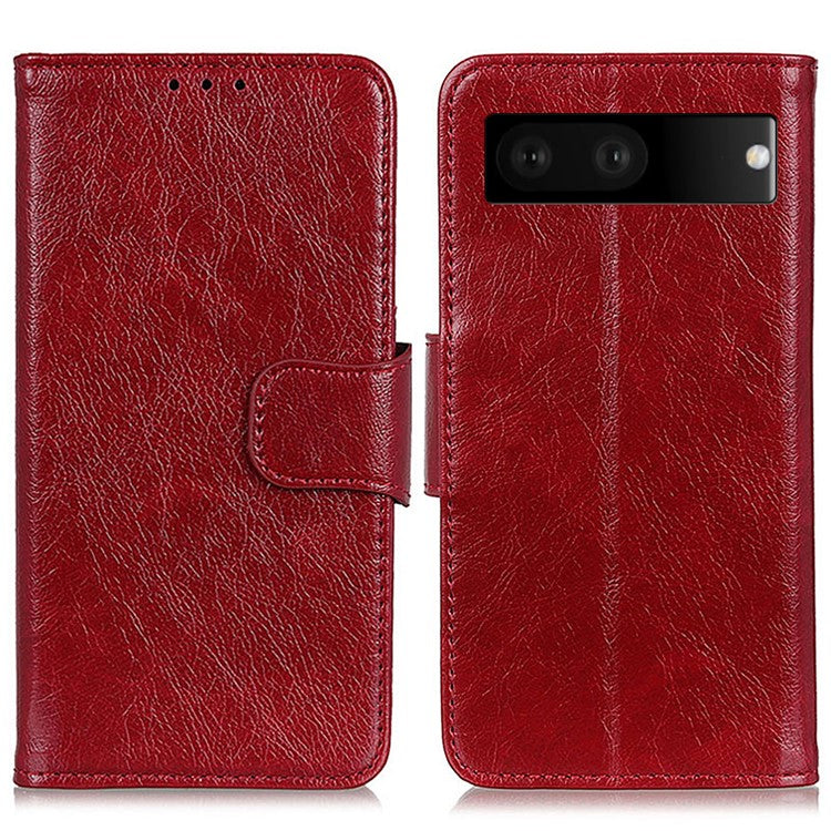 Folio Flip Phone Case for Google Pixel 7 Magnetic Closure Nappa Texture Split Leather Stand Wallet Mobile Phone Cover - Red