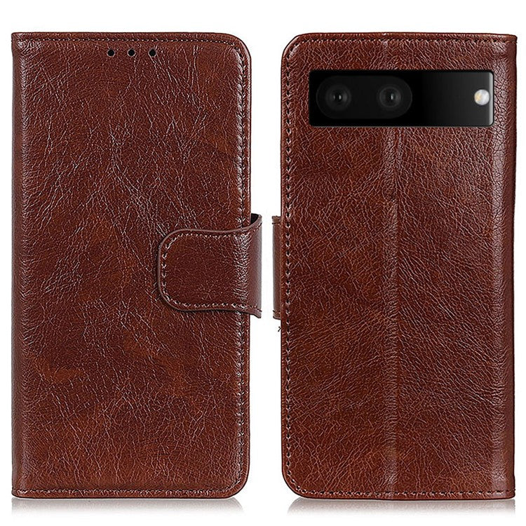 Folio Flip Phone Case for Google Pixel 7 Magnetic Closure Nappa Texture Split Leather Stand Wallet Mobile Phone Cover - Brown