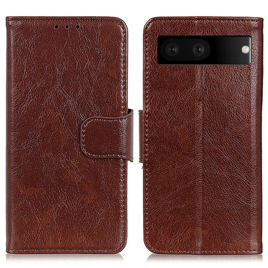 Folio Flip Phone Case for Google Pixel 7 Magnetic Closure Nappa Texture Split Leather Stand Wallet Mobile Phone Cover - Brown