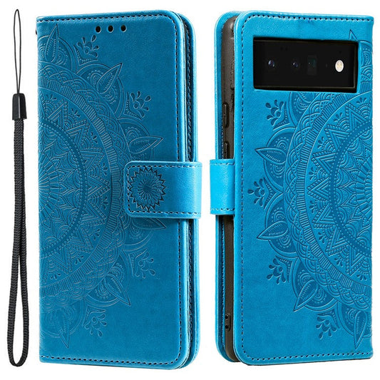 For Google Pixel 7 PU Leather + Inner TPU Well-protected Cover Imprinted Mandala Flower Wallet Adjustable Stand Case with Strap - Blue