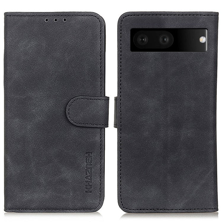 KHAZNEH For Google Pixel 7 Anti-scratch Vintage PU Leather Wallet Case Hands-Free Stand Magnetic Closure Shockproof Flip Folio Cover - Black