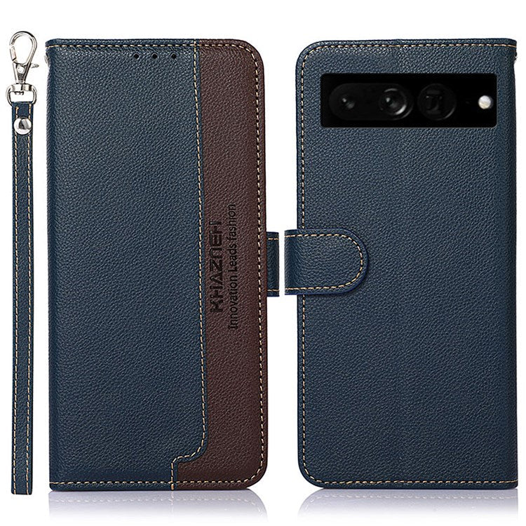 KHAZNEH For Google Pixel 7 Pro 5G Anti-scratch Phone Shell Litchi Texture Wallet Cover RFID Blocking PU Leather Stand Case with Strap - Blue