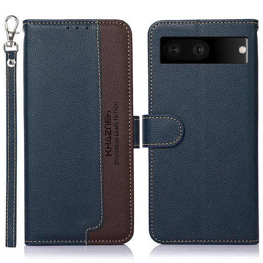 KHAZNEH For Google Pixel 7 RFID Blocking Function Litchi Texture Phone Case PU Leather Stand Wallet Cover - Blue