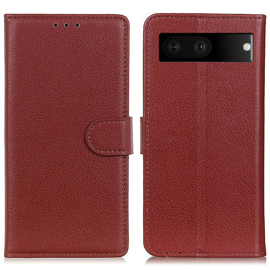 For Google Pixel 7 Litchi Texture PU Leather Folio Flip Case Wallet Viewing Stand Phone Cover - Brown