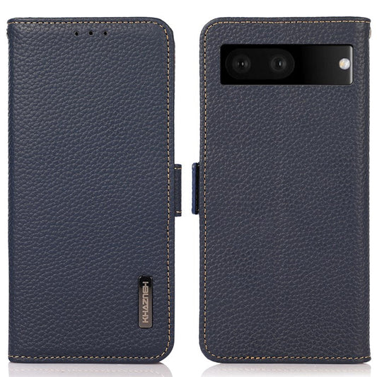 KHAZNEH Litchi Texture Phone Case for Google Pixel 7, Genuine Leather RFID Blocking Shell with Stand Wallet - Blue