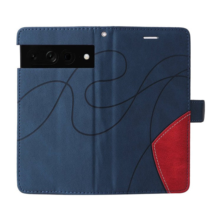 For Google Pixel 7 Pro 5G KT Leather Series-1 Dual-color Splicing Case, Bump Proof PU Leather Wallet Foldable Stand Cover with Strap - Blue