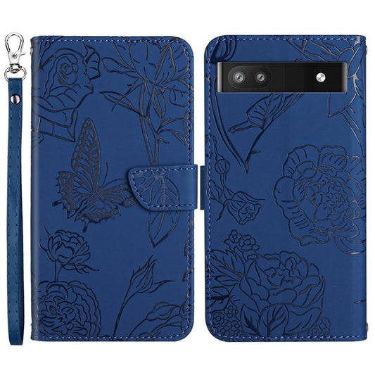 Butterfly Flowers Imprinting Fingerprint Free PU Leather Phone Shell for Google Pixel 6a, Pattern Imprinting Design Wallet Stand Case with Handy Strap - Blue