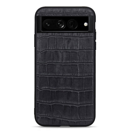 For Google Pixel 7 Pro 5G Phone Case Crocodile Texture Genuine Leather Coated Hybrid Protector - Black