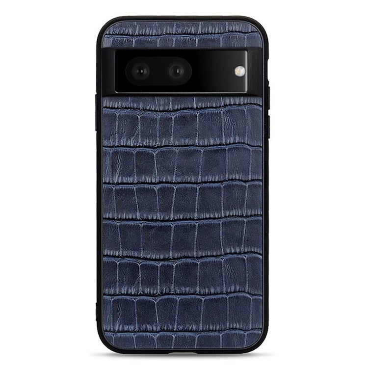For Google Pixel 7 Anti-shock Cell Phone Case Crocodile Texture Genuine Leather Coated Hybrid Anti-scratch Cover - Blue