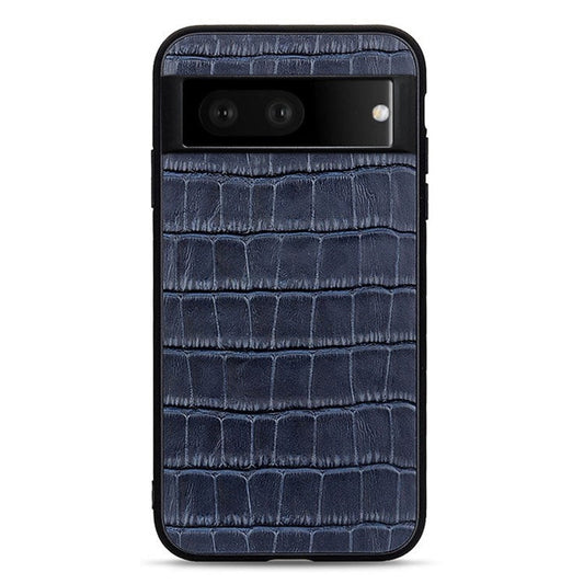For Google Pixel 7 Anti-shock Cell Phone Case Crocodile Texture Genuine Leather Coated Hybrid Anti-scratch Cover - Blue