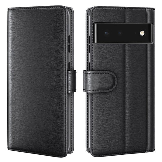 Split Leather Genuine Leather Case for Google Pixel 6, Wallet Stand Folio Flip Protective Cover - Black