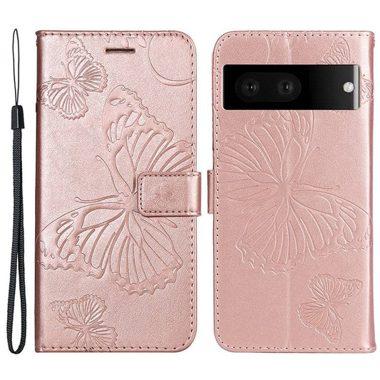 KT Imprinting Flower Series-2 Cell Phone Cover for Google Pixel 7, Anti-dust PU Leather Imprinted Butterfly Mobile Phone Case Wallet - Rose Gold