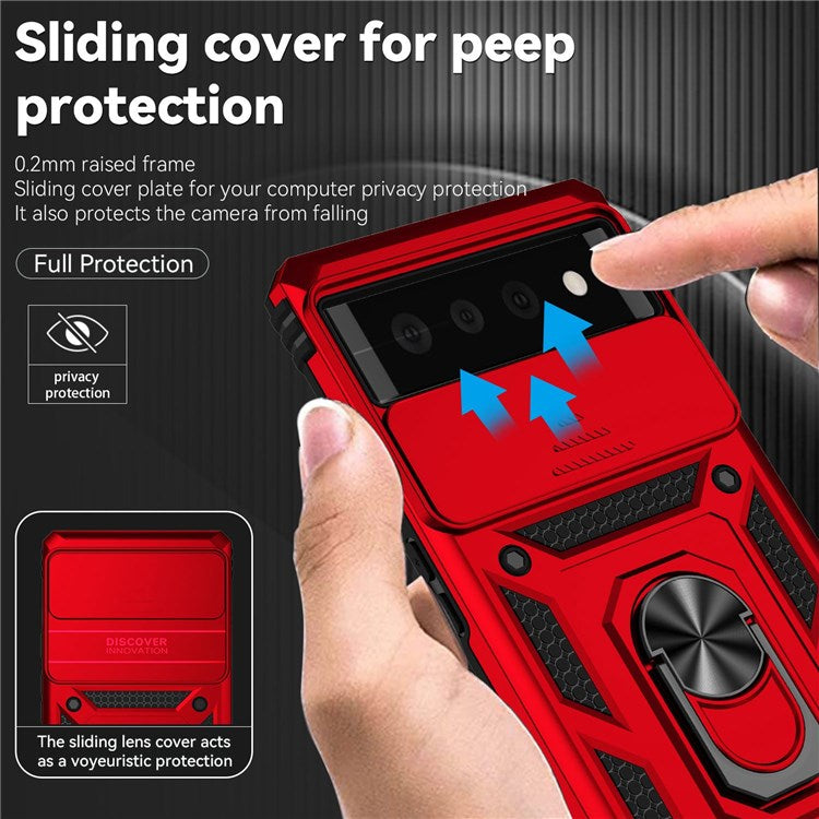 For Google Pixel 6 Ring Holder Metal Kickstand Phone Case Hard PC + TPU Shell with Slide Camera Protection Cover - Red