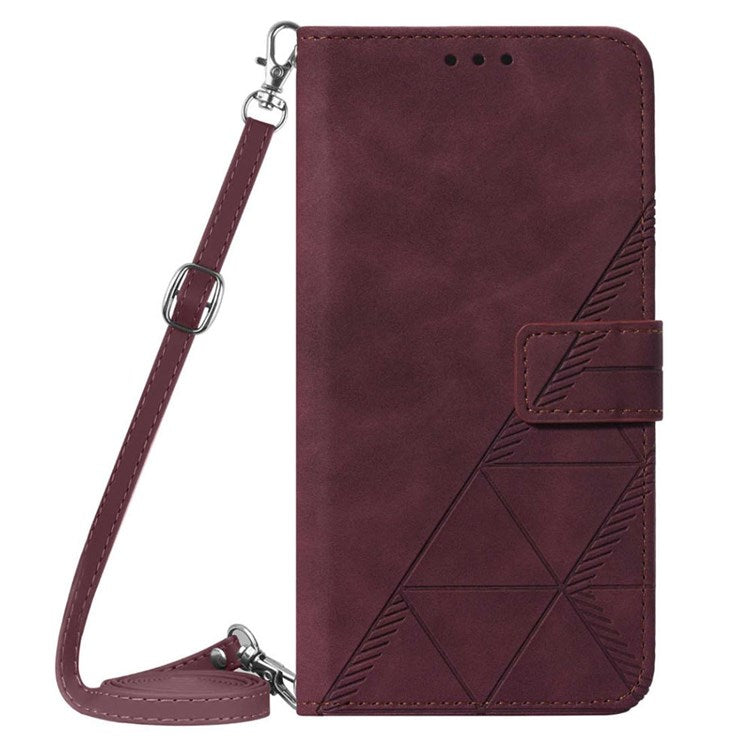 YB Imprinting Series-2 for Google Pixel 7 Stand Wallet Case PU Leather Imprinting Lines Cover with Shoulder Strap - Wine Red