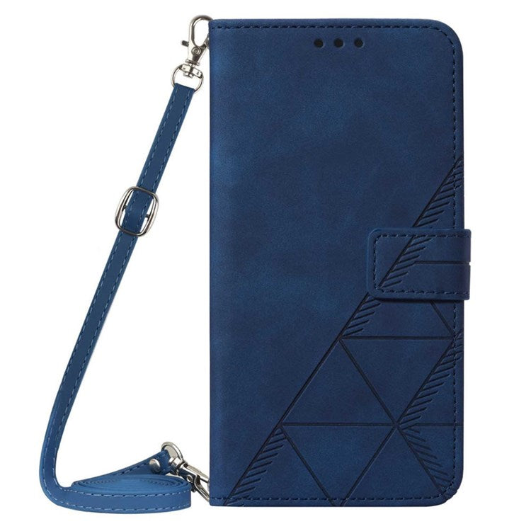 YB Imprinting Series-2 for Google Pixel 7 Stand Wallet Case PU Leather Imprinting Lines Cover with Shoulder Strap - Sapphire