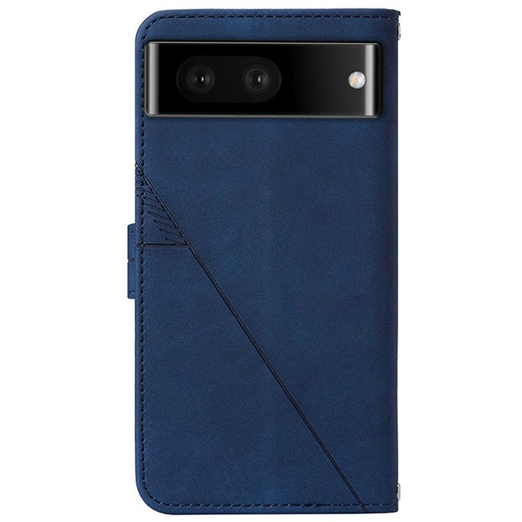 YB Imprinting Series-2 for Google Pixel 7 Stand Wallet Case PU Leather Imprinting Lines Cover with Shoulder Strap - Sapphire