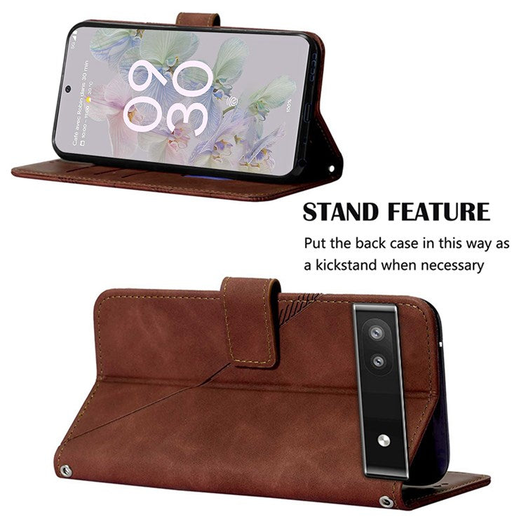 YB Imprinting Series-2 for Google Pixel 6a Imprinting Lines PU Leather Cover Stand Wallet Inner TPU Shell with Shoulder Strap - Brown