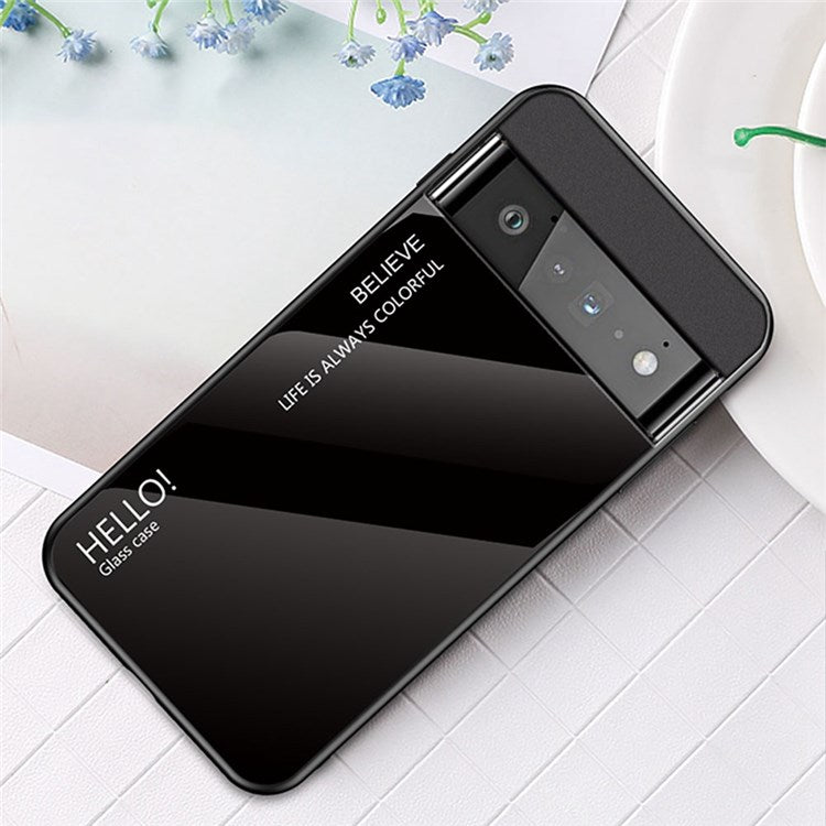 For Google Pixel 7 Gradient Color Case Tempered Glass + PC Back + Soft TPU Hybrid Slim Cover - Black