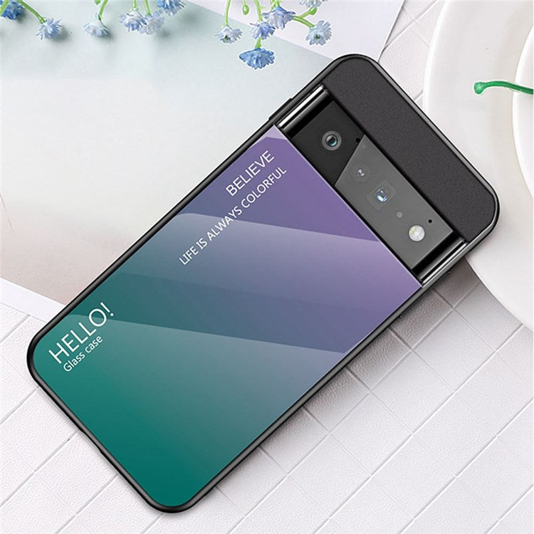 For Google Pixel 7 Gradient Color Case Tempered Glass + PC Back + Soft TPU Hybrid Slim Cover - Gradient Purple