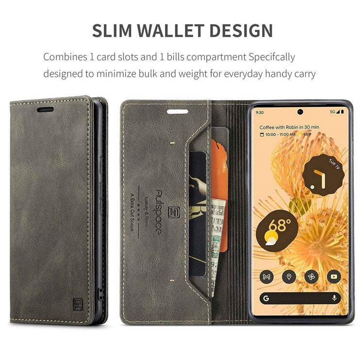 AUTSPACE A01 Series for Google Pixel 6 Pro PU Leather Case RFID Blocking Retro Wallet Stand Flip Cover - Coffee