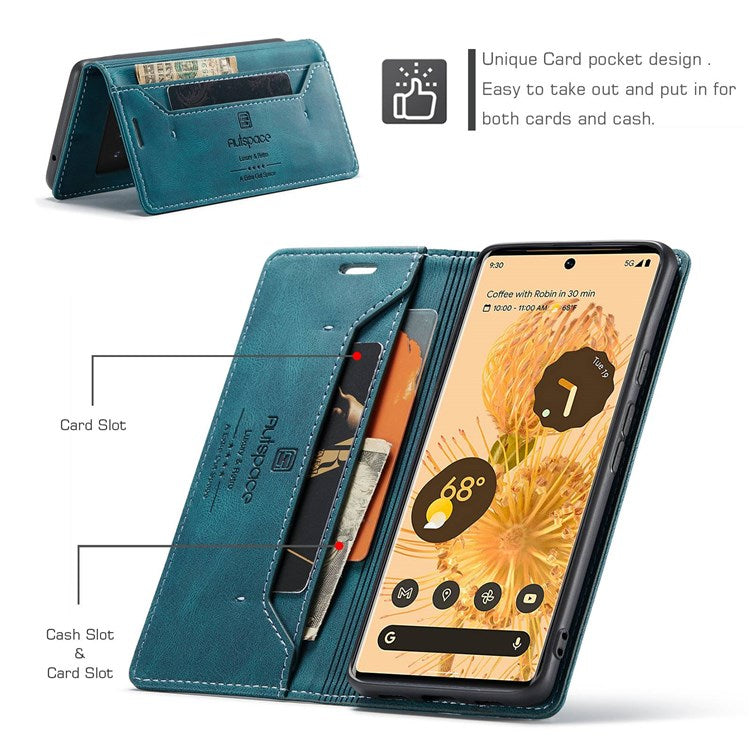 AUTSPACE A01 Series for Google Pixel 6 Pro PU Leather Case RFID Blocking Retro Wallet Stand Flip Cover - Blue