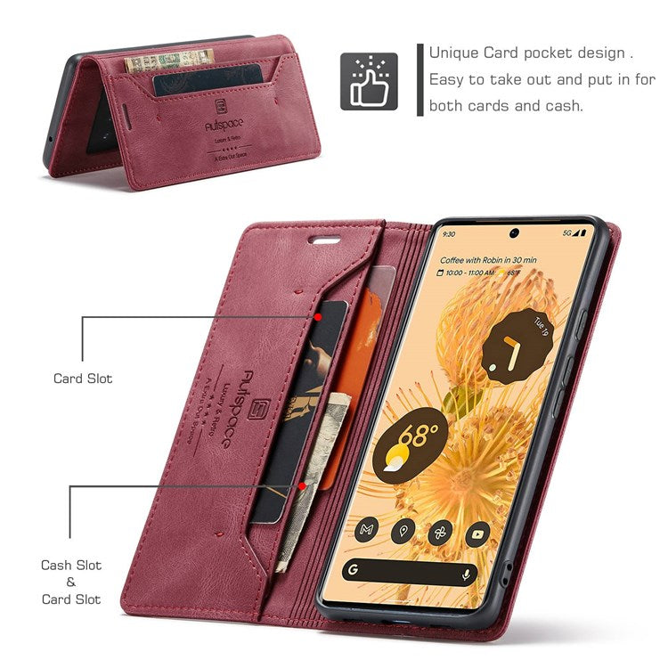 AUTSPACE A01 Series for Google Pixel 6 Pro PU Leather Case RFID Blocking Retro Wallet Stand Flip Cover - Red