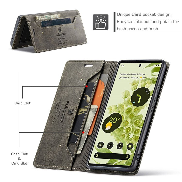 AUTSPACE A01 Series for Google Pixel 6 PU Leather Case RFID Blocking Wallet Stand Flip Cover - Coffee